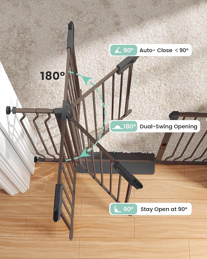 Mom's Choice-GROWNSY Baby Gate for Stairs, 30.5"-48.4" Pressure Mounted Baby Gate for Top of Stair&Doorway with V-Shaped Rods, Anti-Trip Pedal,Wide Stairs Dog Gate Easy Install w/Red Reminder,Brown