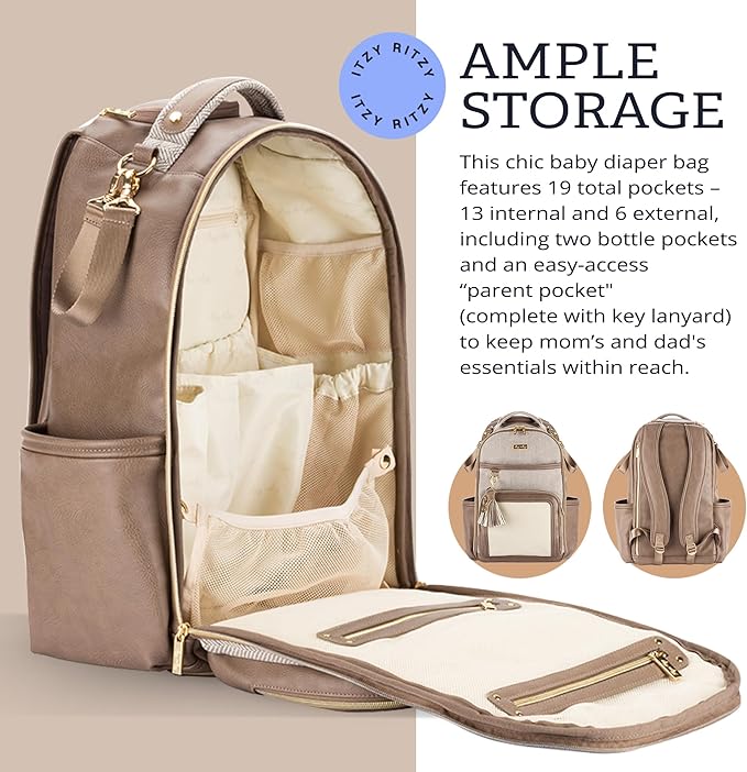Itzy Ritzy Diaper Bag Backpack – Large Capacity Boss Plus Baby Backpack Diaper Bag Featuring 19 Pockets, Changing Pad, Stroller Clips, and Comfortable Straps (Vanilla Latte)