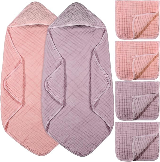 VitalCozy 6 Pcs Baby Muslin Hooded Bath Towels and Washcloths Muslin Cotton Hooded Baby Towels Absorbent Blankets for Gift Newborn Infant Shower (32 x 32 Inch,Pink,Rose)