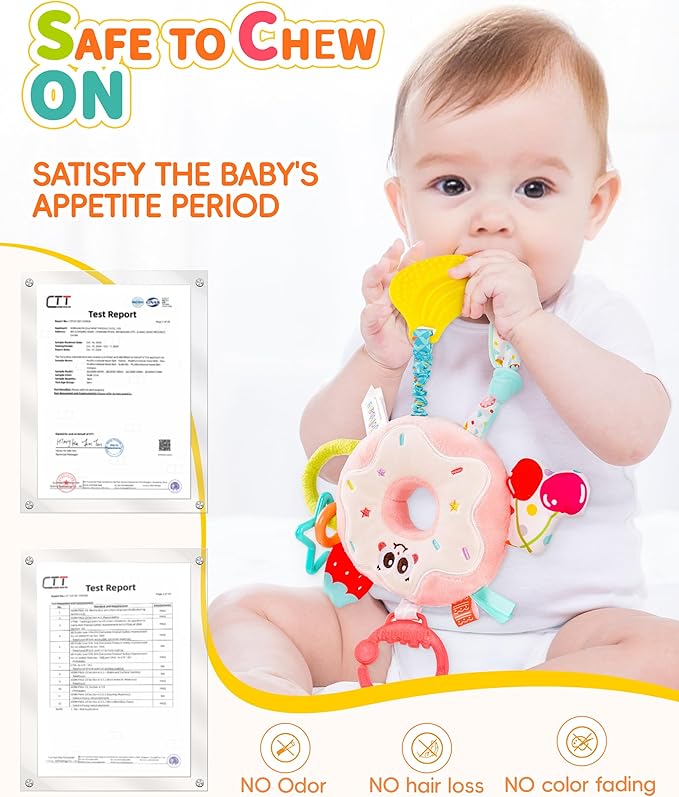 Jollybaby Baby Pull Vibration Toy - Tummy Time Sensory Hanging Toys for Car Seat, Stroller, Crib & Play Gym, with Babier Teether, Airplane Travel Toys for Toddlers Gift - Baby Bottle