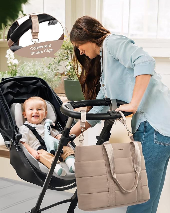 LOVEVOOK Diaper Bag Tote, 15.6inch Puffer Baby Diaper Bag Waterproof Travel Diaper Tote with Changing Pad Pacifier Case