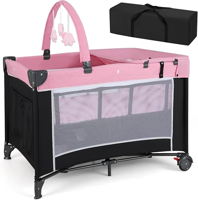 HONEY JOY Pack and Play, 4 in 1 Folding Infant Playpen with Bassinet, Quickly Assembled, Breathable Mesh Fabric, Carry Bag, Diaper Changing Table, Toys, Portable Crib for Babies & Toddlers (Pink)
