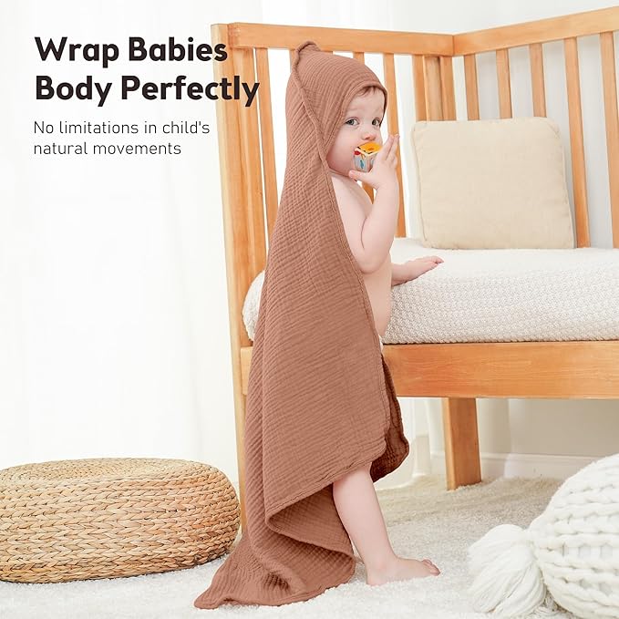 Susurration Hooded Baby Towels for Newborn 2 Pack 100% Muslin Cotton Towel for Babies，Highly Absorbent and Newborn Essential 30x30 Inch Cream&Brown