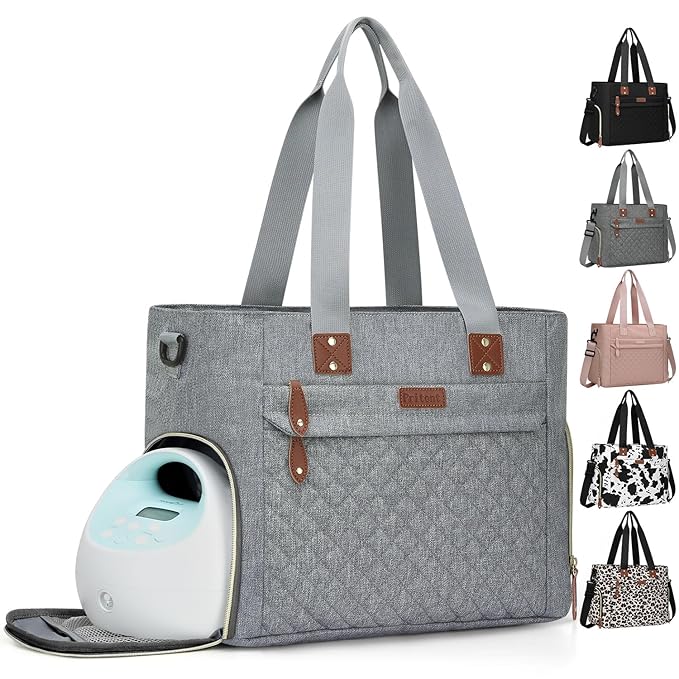 Diaper Bag Tote for Working Mom, Large Travel Diaper Tote for Mom and Dad with 14 Inch Laptop Sleeve, Mommy Maternity Travel Baby Bag for Boys and Girls, Grey