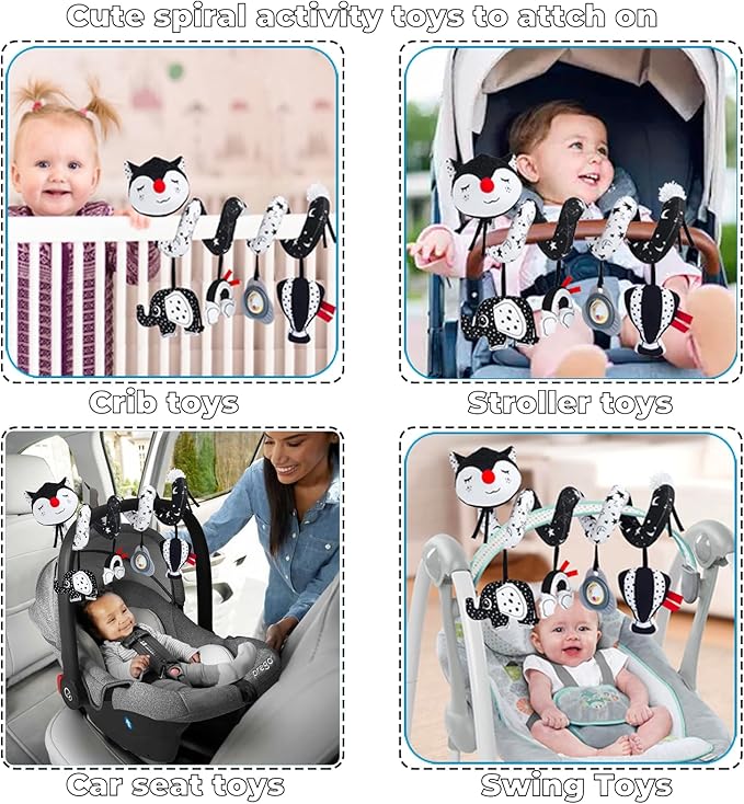 Car Seat Toys for Infants 0-6 Months, High Contrast Baby Toys Black and White Hanging Crib & Stroller Toy 3-6 Newborn Developmental Toy 0-3-6-12 Months with Music Rattles