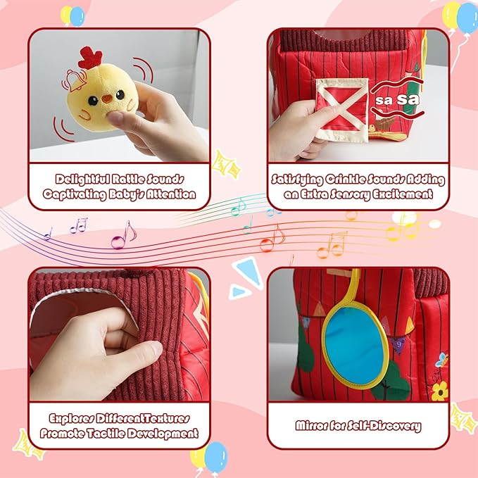 Baby Montessori Toys 6-12 Months, Busy Sensory Toys for Toddlers 1-3, Plush Big Red Barn with Stuffed Farm Animals, Rattle, Crinkle,Christmas Easter Birthday Gifts for Baby Boys Girls