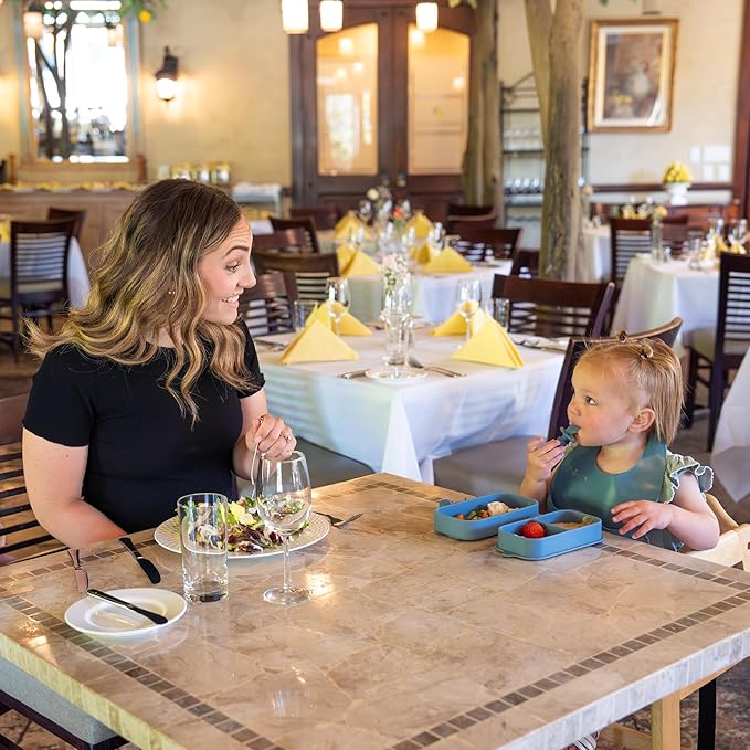 Travel Silicone Baby Feeding Essentials – Portable Toddler Plates with Suction, Soft Baby Spoon & Fork, Lightweight Foldable Silicone Bib & Waterproof Storage Bag – 6 Piece Set (dark blue)