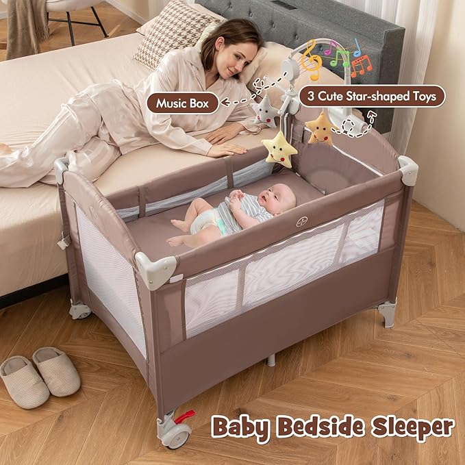 HONEY JOY Pack and Play with Bassinet, 5-in-1 Baby Bedside Sleeper w/Diaper Changing Table & Storage Bag, Toy Arch & Music Box, Detachable Side Rail, Portable Baby Play Yard w/Carry Bag(Coffee)