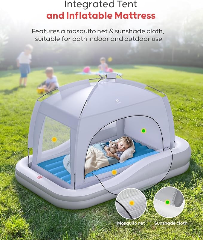 QPAU Inflatable Toddler Travel Bed with Tent, Portable Kids Air Mattress with Safety Sides, Ideal for Home, Grandma's, Camping, Traveling -Includes Fast Electric Pump