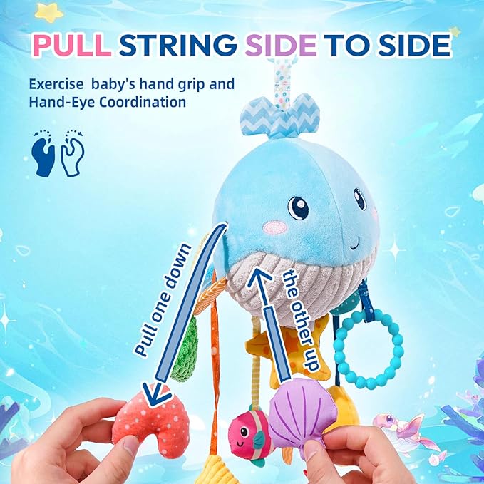 Jollybaby Activity Pull String Hanging Toy for Baby Stroller Car Seat Crib Play Gym, Plush Stuffed Ocean Whale Toy for Carseat with Teether Rattles, Montessori Sensory Toy for Baby Gift