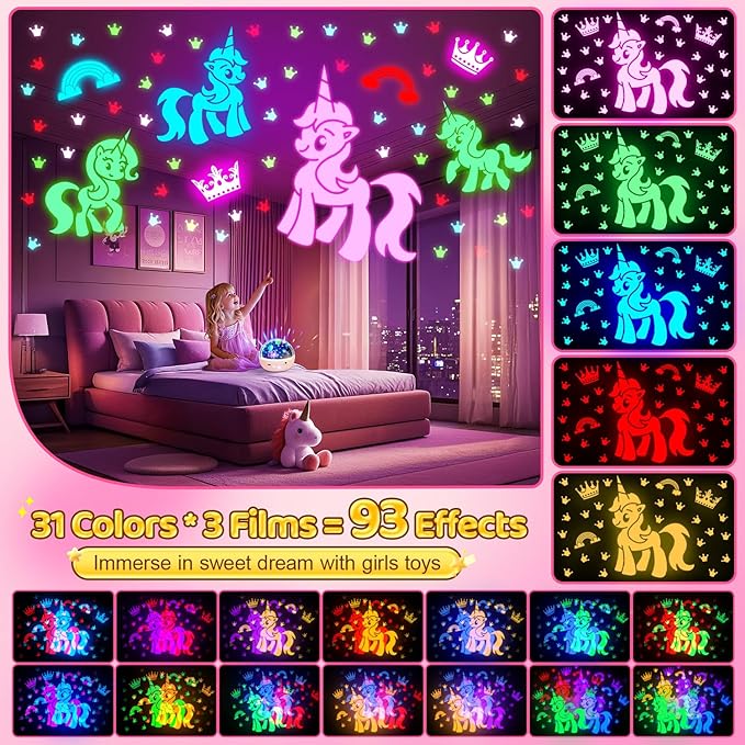 Unicorn Toys for Girls Age 4-6, [93 Modes+Remote] Toys for 3 Year Old Girl, 3 Timer+3 Brightness Unicorn Gifts for Girls 4-6, 360° Rotate Night Light Projector, 6 Year Old Birthday Gifts