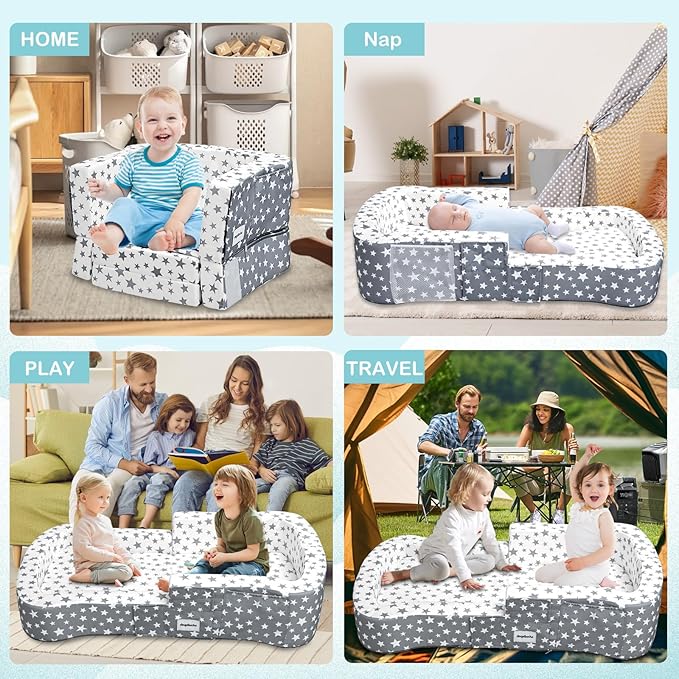 Toddler Travel Bed, Portable Toddler Bed & Chair 2-in-1 – Convertible Travel Crib with Storage Pockets, Built-waterproof Oxford Cloth, Easy,Washable Covers,Soft Dutch Velvet (Stars Pattern)