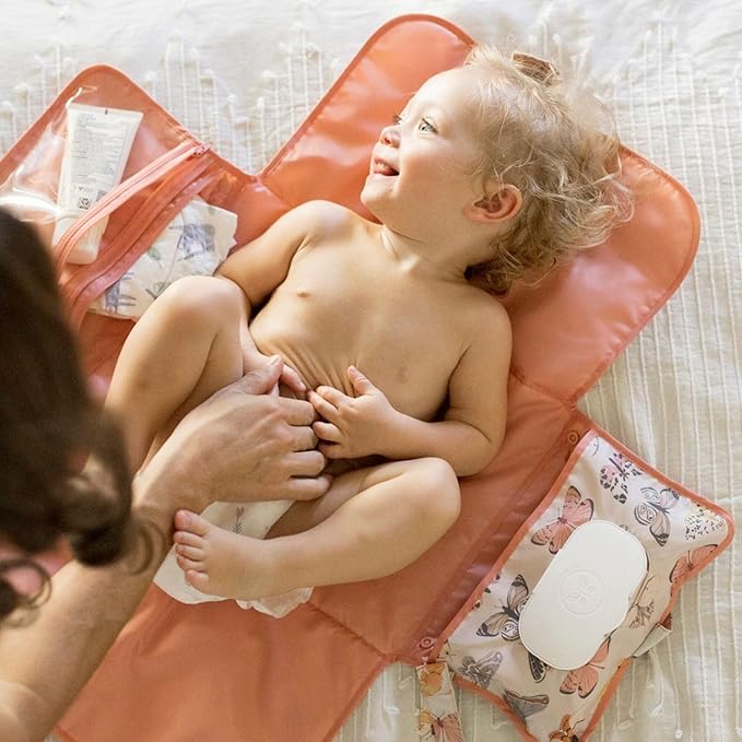 Tiny Twinkle Portable Diaper Changing Pad | Waterproof, Wipeable & Compact Baby Changing Pad for Travel | Smart Wipes Pocket & Organized Storage| Newborn Shower Gift (Flutter)