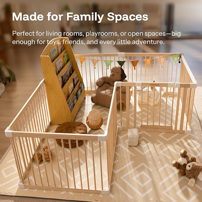 HARPPA Baby Gate Playpen Wooden Playpen for Babies and Toddlers Large Play Yards Baby Fence Play Area 71.5 x 79.5 x 24 inch