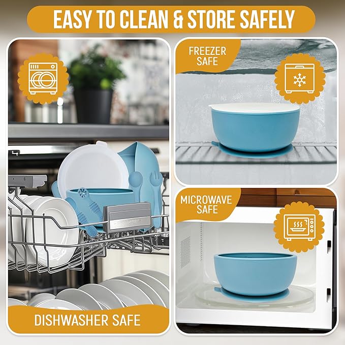 HippoBaby 6 Piece Baby Bowls With Suction and Lids | Toddler Bowl Set with 1 Bowl, 1 Bib, 2 Baby Spoons, 1 Large Spoon, 1 Large Fork, Baby Feeding Essentials (1, Autumn)