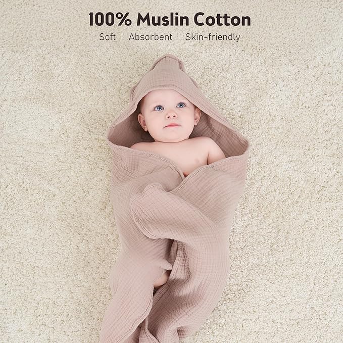 Susurration Hooded Baby Towels for Newborn 2 Pack 100% Muslin Cotton Towel for Babies，Highly Absorbent and Newborn Essential 30x30 Inch Beige&Sand