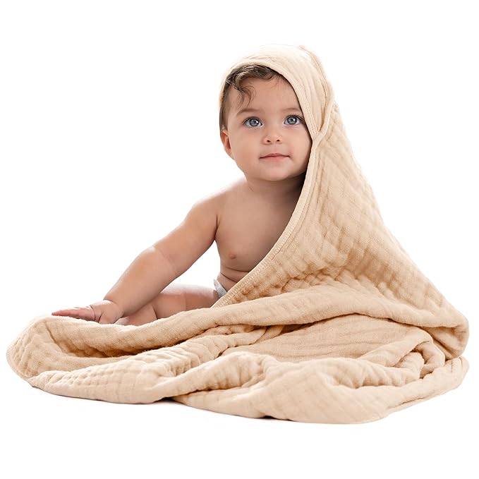 Comfy Cubs Hooded Baby Towel 1-Pack, Large 32 x 32 Inch - 6 Layer 100% Muslin Cotton for Babies, Toddlers and Kids - Soft & Absorbent Baby Bath Towels - Unisex Design for Bath Time - Cream