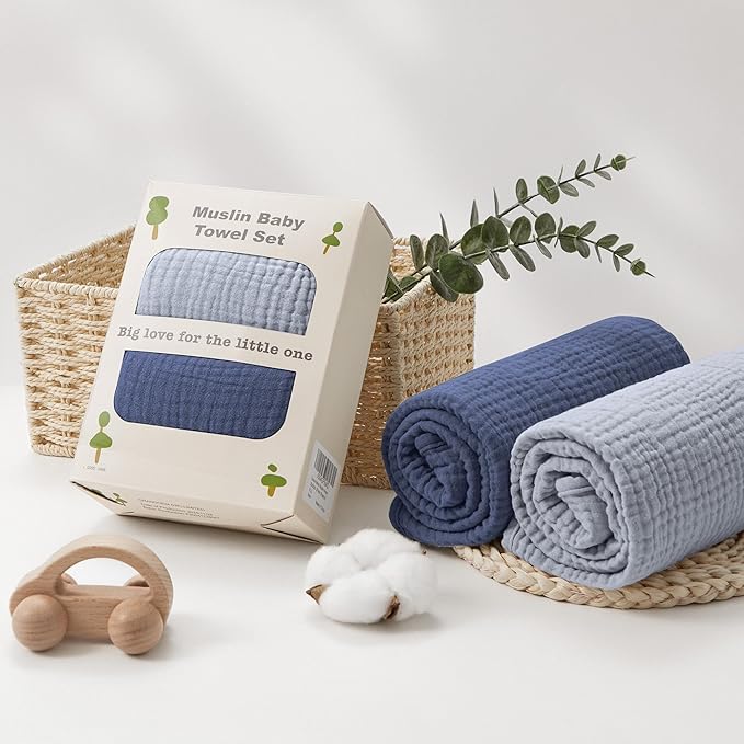 Susurration Hooded Baby Towels for Newborn 2 Pack 100% Muslin Cotton Towel for Babies，Highly Absorbent and Newborn Essential 30x30 Inch Gray&Blue