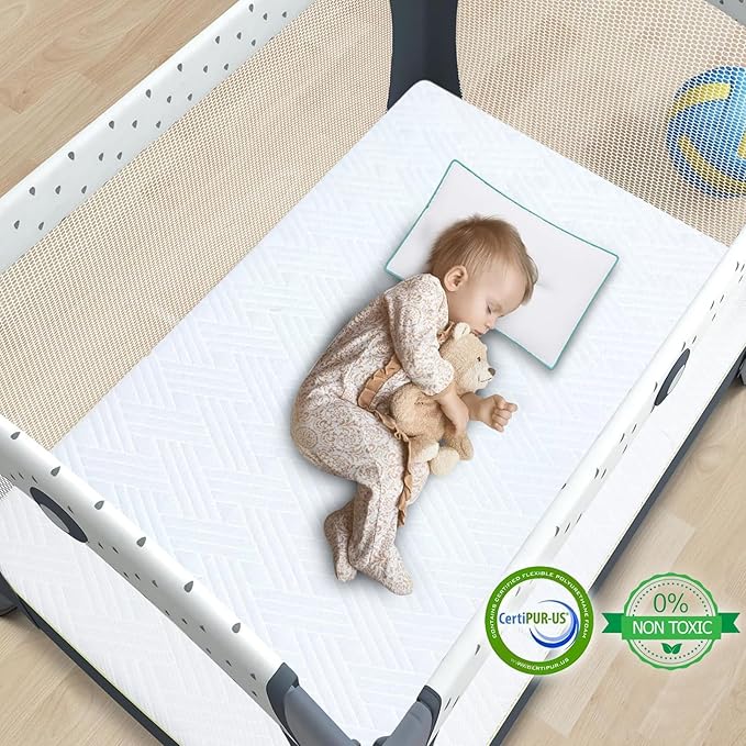 Waterproof Pack and Play Mattress Pad 38" x 26", Playard Mattress for Pack and Play, Pack N Play Mattress Topper with Washable Cover - Firm Support and Comfort Foam