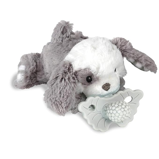RaZbaby Puppy RaZbuddy w/RaZberry Teething Relief Pacifier – Soothes Sore Gums w/Nature-Inspired Texture, 100% BPA-Free Silicone Teether, Detachable Stuffed Animal – 3 Months+ Teether, Cookies&Cream