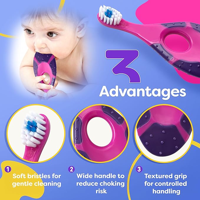 Trueocity Infant Toothbrush Set for Oral Care (12 Months+) – Soft Bristles, Small Brush Head, Easy-Grip Handle – 4-Pack (Pink & Purple)