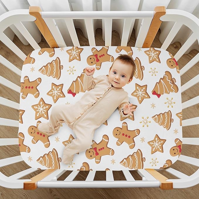 Pfrewn Christmas Crib Sheets for Boys Girls Cartoon Gingerbread Men Snowflakes Fitted Crib Sheet for Mini Crib Mattress Stretch Soft Winter Pattern Toddler Baby Playard Sheet,39x27IN