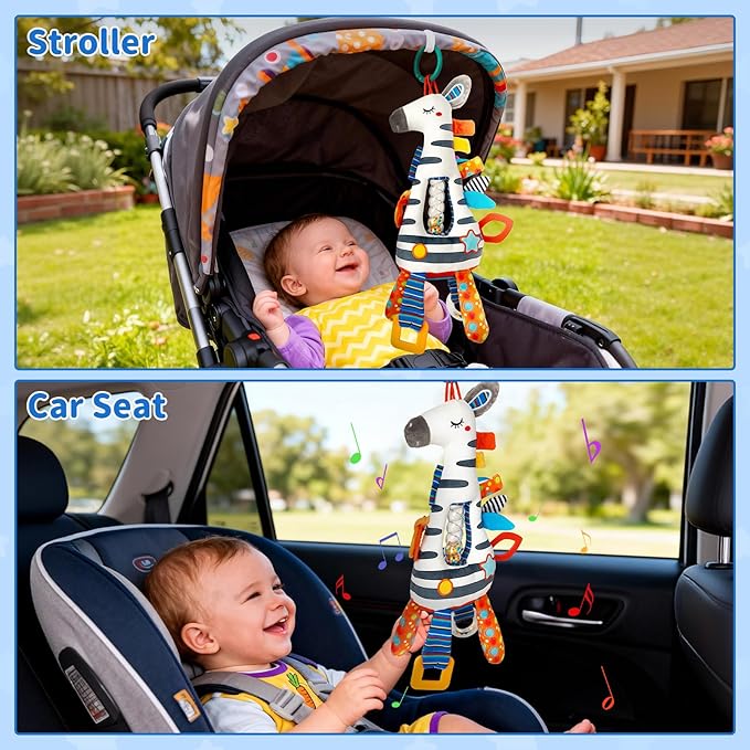 Baby Stroller Toy and Car Seat Toy for Infant with Teether Hanging Rattle Toys Clip on Stroller Toy Soft Plush Baby Toys for Boys and Girls 3-12 Months