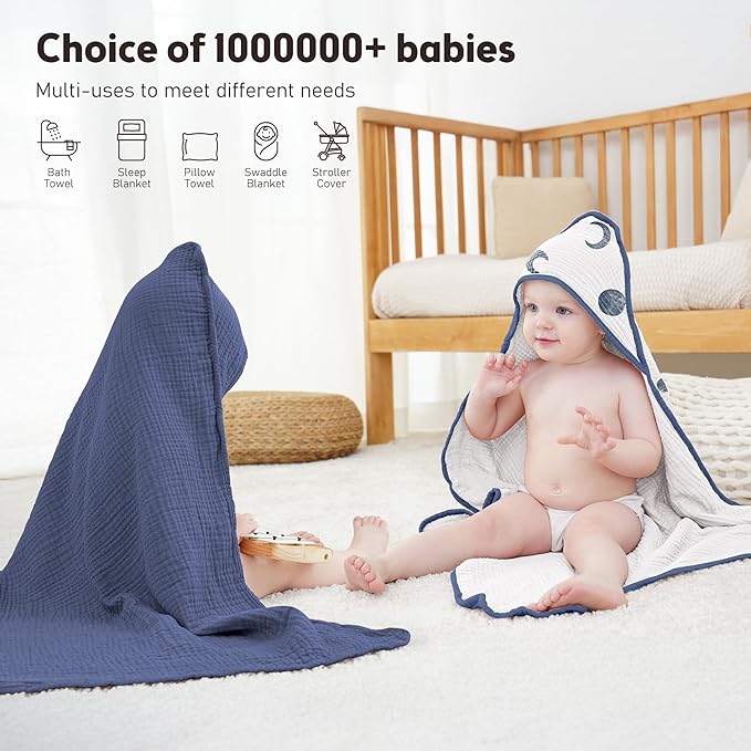 Susurration Hooded Baby Towels for Newborn 2 Pack 100% Muslin Cotton Towel for Babies，Highly Absorbent and Newborn Essential 30x30 Inch Moon&Royal Blue