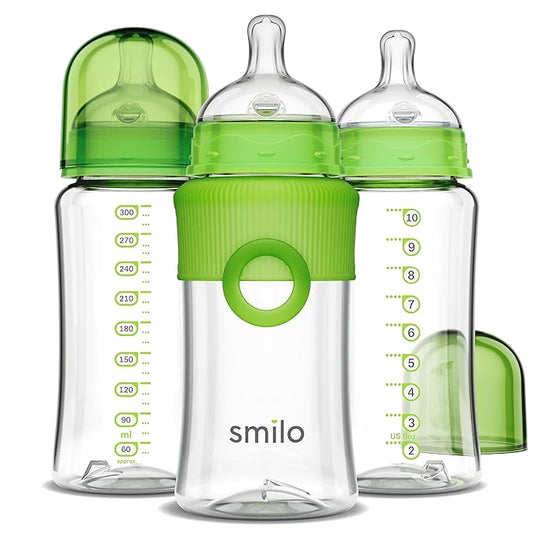 Smilo Baby Bottle Set with Stage 0 Slow Flow Anti Colic Nipple, 10 Oz / 300 ml Capacity, 3X Pack of Anti Colic Baby Bottles 0-3 Months - Green