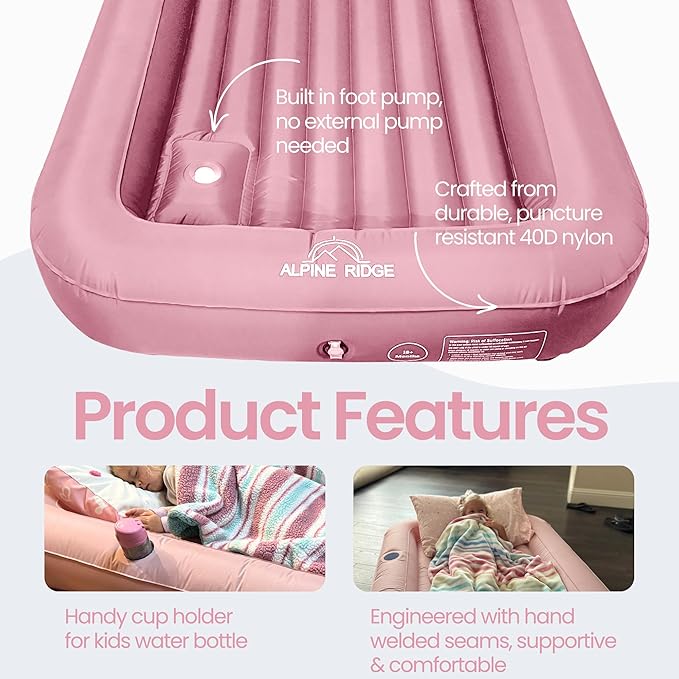 Alpine Ridge - Toddler Travel Bed with Safety Bumpers [4-Sided] | Portable Bed for Kids | Toddler Air Mattress | Kids Air Mattress with Built-in Foot Pump (Pink)