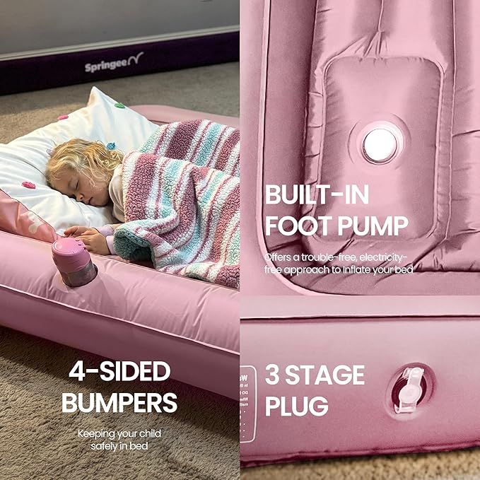 Alpine Ridge - Toddler Travel Bed with Safety Bumpers [4-Sided] | Portable Bed for Kids | Toddler Air Mattress | Kids Air Mattress with Built-in Foot Pump (Pink)