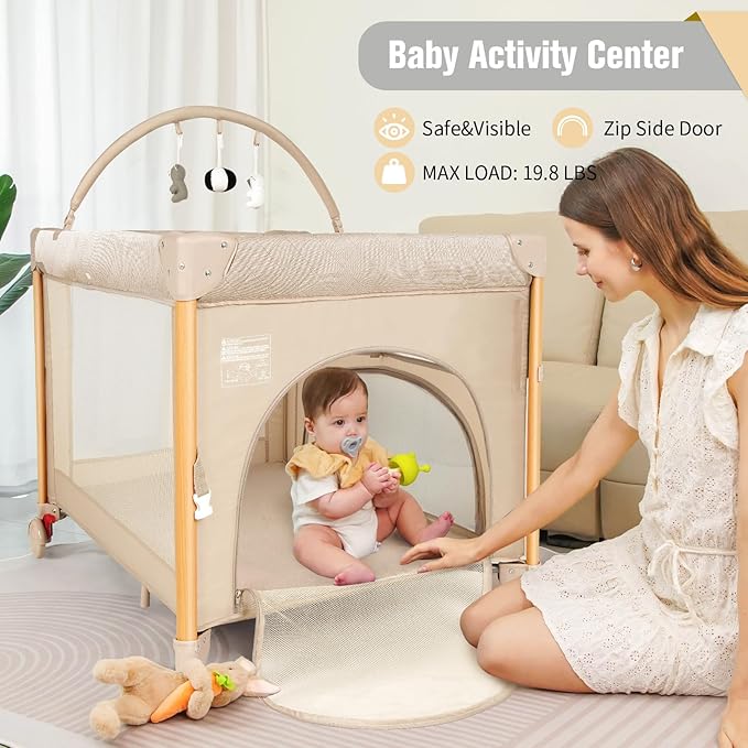 Baby Bassinet 5 in 1 Pack and Play,Baby Crib Adjustable Beside Sleeper One-Second &One-Hand Setup,Portable Playard Foldable Playpen for Newborn,Babies and Toddlers with Changing Table,Mattress (Beige)