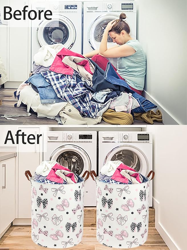 ESSME Pink Girls Hamper,Pink Laundry Hamper,Girls Laundry Hamper, Cute Storage Bin for Room Decor,Baby Girl Laundry Basket, Nursery Hamper,Gift Baskets,Home Organizer(Bowknot)