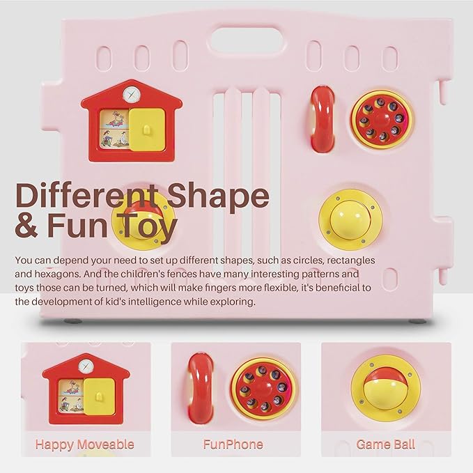 Kidzone Interactive Baby Playpen 8 Panel Play Yard with Safety Gate Children Play Center Child Activity Pen Anti-Fall Play Pen for Toddler, ASTM Certified – (Pink- Blue)