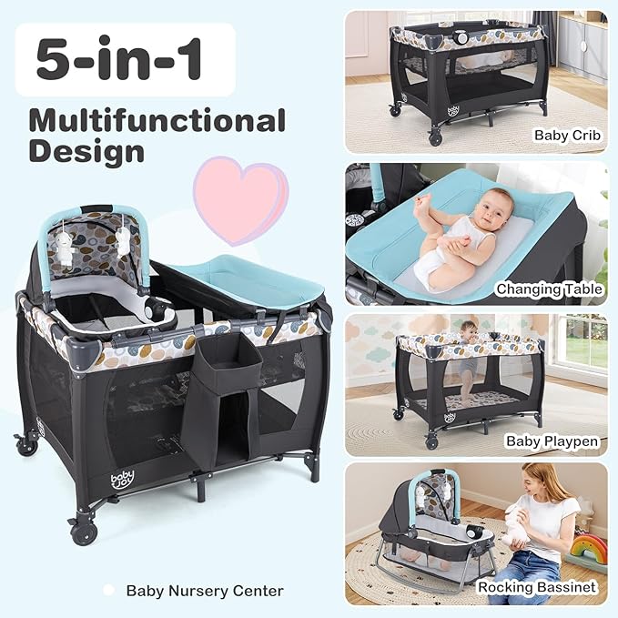 BABY JOY 5 in 1 Pack and Play, Portable Baby Playard w/Bassinet & Diaper Changing Table, Infant Nursery Center Bassinet with Toys & Music & Oxford Bag for Baby Toddlers (Blue, Dot Circle)