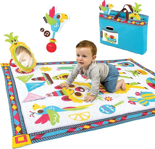 Yookidoo Fiesta Playmat. Folds As Carrying Bag. Indoor & Outdoor Activity Play Blanket with Mirror, Rattle & Teether. Extra Large Washable for Newborn (145 X 100cm)
