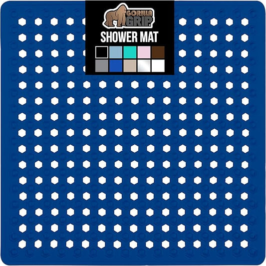 GORILLA GRIP Patented Square Shower Stall Mat, Small Bathtub Floor Mats for Stand Up Showers, Suction Cups, Drain Holes, Machine Wash, Soft on Feet, Bathroom Accessories 21x21 Inch, Royal Blue Opaque
