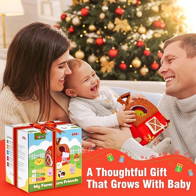 Aojieni Baby Toys 6-12 Months: Plush Surprise Barn with Stuffed Farm Animals, Rattle, Crinkle Paper, Mirror, Busy Montessori Toys for Babies, Infant, Newborn, Sensory Toys for Toddlers 1-3