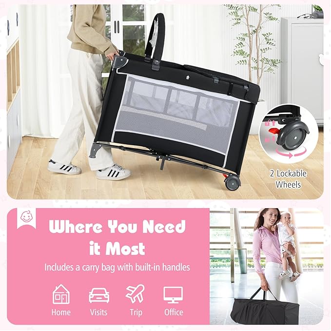 HONEY JOY Pack and Play, 4 in 1 Folding Infant Playpen with Bassinet, Quickly Assembled, Breathable Mesh Fabric, Carry Bag, Diaper Changing Table, Toys, Portable Crib for Babies & Toddlers (Black)