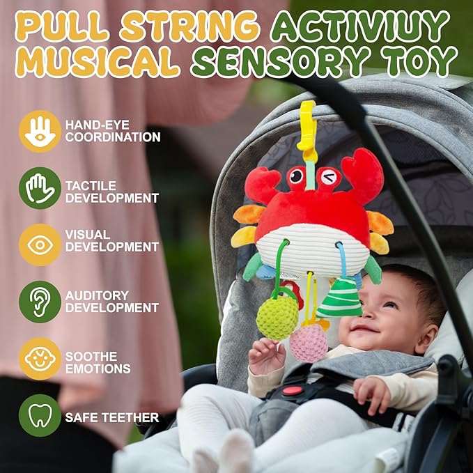 ElapseGlow Crab Baby Toy - Clip-On Hanging Sensory Toy for Car Seat, Stroller, Gym with Squeaker, Crinkle, Rattle, Mirror & Teether | Soft Plush 18 Months Infant Developmental Toy for Tummy Time (Red)
