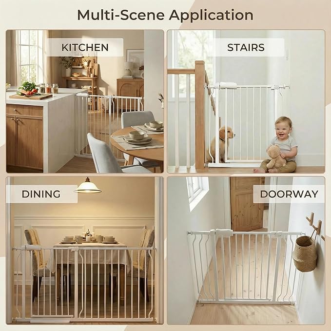 Vothco Walk Through Baby & Dog Gate 29-38.5 Inch, Pressure Mounted No Drilling, Adjustable Indoor Safety Gate for Stairs & Doorways - Metal Design for Kids and Pets, White