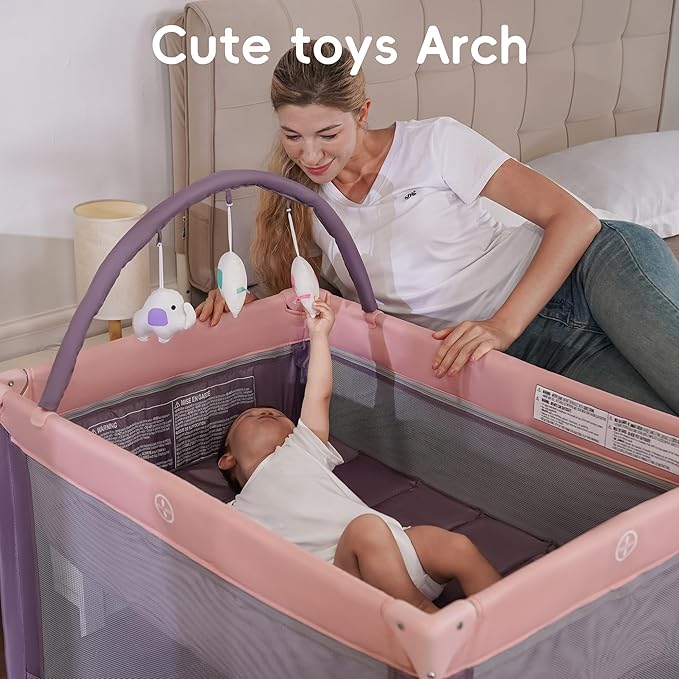 Pamo Babe Pack and Play with Bassinet, Pink Portable Playard for Baby