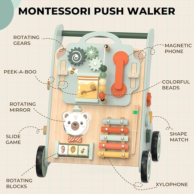 WOODMAM Wooden Baby Walker, Adjustable Speed Baby Push Walker for 1 Year Old, 10-in-1 Montessori Walker for Boys & Girls, Toddler Sit-to-Stand Learning Toy with Detachable Busy Board