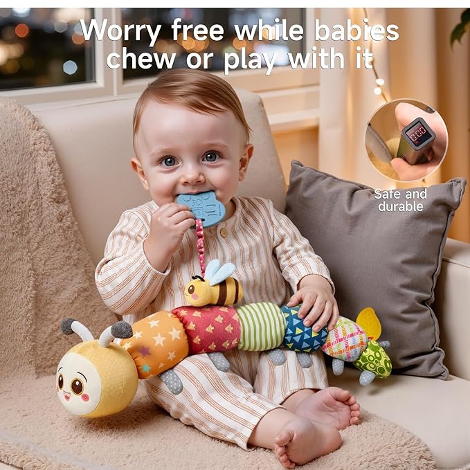 TUMAMA Baby Toys for 0, 3, 6, 9, 12 Months, Stuffed Animal Toys, Caterpillar Stuffed Toys with Teether, Crinkle and Rattles, Soft Plush Sensory Toys for Newborn Infant Christmas Gifts