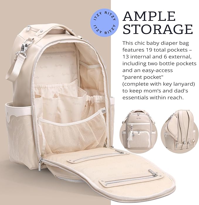 Itzy Ritzy Diaper Bag Backpack – Large Capacity Boss Plus Baby Backpack Diaper Bag Featuring 19 Pockets, Changing Pad, Stroller Clips, and Comfortable Backpack Straps, Oat