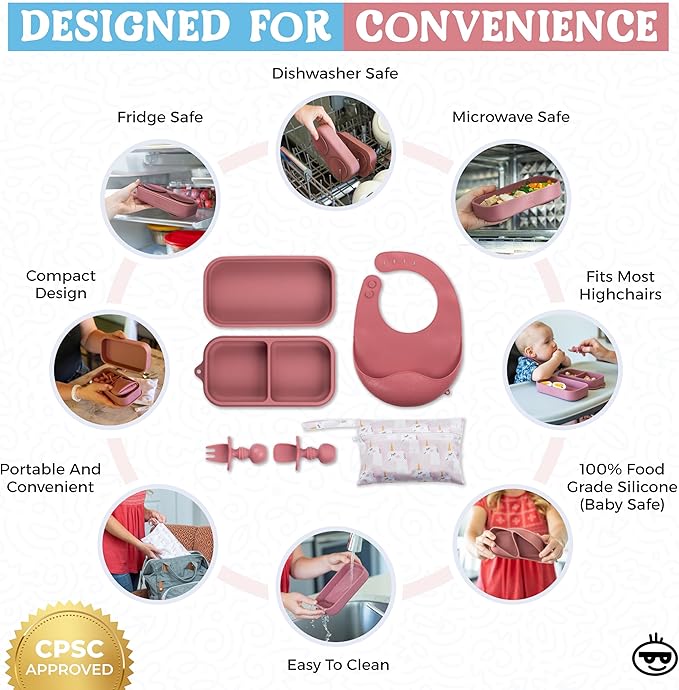 Travel Silicone Baby Feeding Set - Portable Toddler Plates with Suction, Soft Baby Spoon & Fork, Lightweight Foldable Silicone Bib & Waterproof Storage Bag – 6 Piece Set (dark pink)