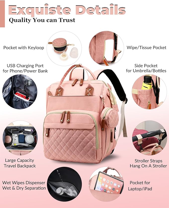Diaper Bag with Changing Station, Waterproof 3 in 1 Baby Diaper Backpack with Foldable Changing Pad, Large Travel Back Pack for Baby Girl Boy, Peach Pink