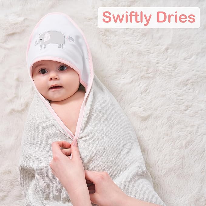 Viviland Baby Towels and Baby Wash Cloths Set Hooded Baby Towels Baby Wipes Absorbent Bath Face Towels Burp Cloths or Face Towels for Girl Boy 6-Pack Size 28 x 28 Inch(Elephant)