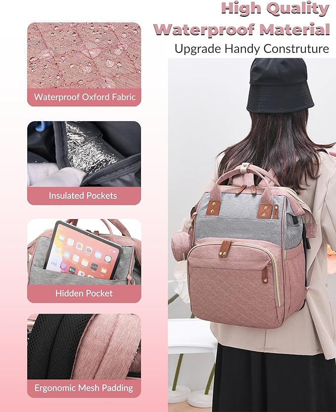 Diaper Bag with Changing Station, Waterproof 3 in 1 Baby Diaper Backpack with Foldable Changing Pad, Pink-Grey