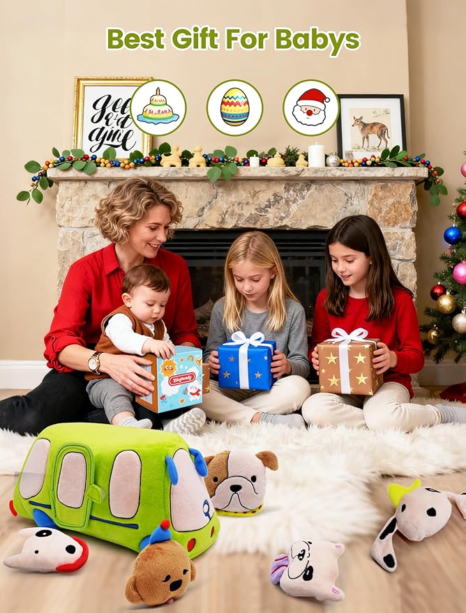 Baby Toys 6-12 Months - Sensory Toys Bus with Stuffed Puppies, Rattle, Crinkle Paper, Mirror & Squeaker, Montessori Toys for 6 Month Old Babies, Sensory Balls Toddlers 1-3